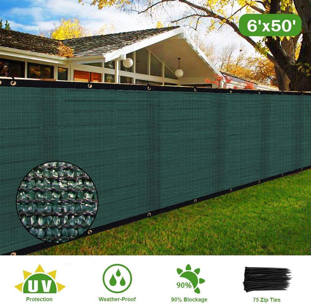 6' x 50' Heavy Duty Privacy Screen Fence, 90% Blockage Green Mesh Shade Net Cover with Brass Grommets-Includes 75 Zip Ties